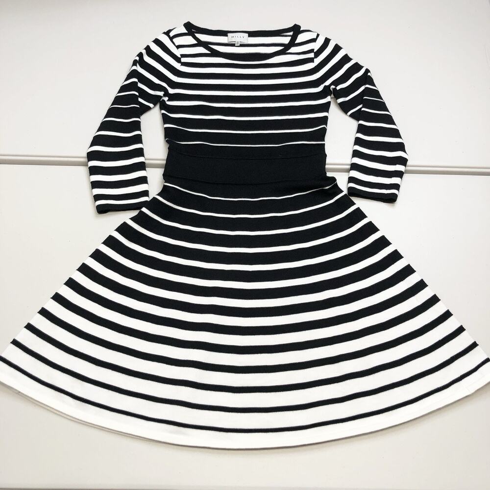 Milly New York Degrade A Line Striped Dress Size Small Black White Measurements